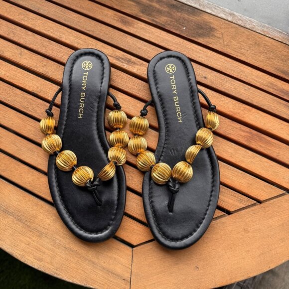 Tory Burch Capri Black and Gold Beaded Sandals For Women Size 6.5 - Picture 2 of 8